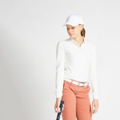 Koszulka do golfa polo z długim rękawem damska MW500. Białe bluzki damskie INESIS, m, bez wzorów, z bawełny, sportowe, bez kołnierzyka, bez ramiączek. Za 69.99 zł.