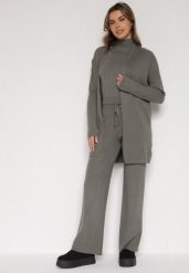 Ciemnozielony Dzianinowy Komplet z Wiskozą Spodnie Bluzka z Półgolfem i Kardigan Vetisena. Zielone spodnie materiałowe damskie Born2be, bez wzorów, z dzianiny, biznesowe. Za 219.99 zł.