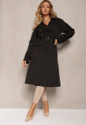 Czarny Płaszcz Trencz Dwurzędowy Taliowany Paskiem z Patkami na Rękawach Diore. Czarne płaszcze damskie Renee, l, bez wzorów, eleganckie. Za 239.99 zł.