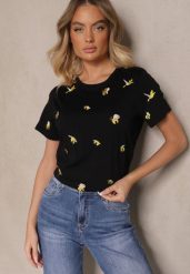 Czarny Bawełniany T-shirt z Ozdobnym Haftem Falvivi. Czarne t-shirty damskie Renee, m, bez wzorów, z bawełny, bez kołnierzyka. Za 69.99 zł.