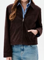 Kurtka z kołnierzykiem z imitacji zamszu - brązowy. Brązowe kurtki damskie Sinsay, l, bez wzorów, bez kaptura. Za 69.99 zł.