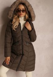 Brązowa Kurtka do Kolan Pikowana z Kapturem Vasusa. Brązowe kurtki damskie Renee, na zimę, l, bez wzorów, z jeansu, z kapturem. Za 219.99 zł.