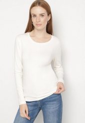 Biała Bluzka Typu Longsleeve z Okrągłym Dekoltem Unelessa. Białe bluzki damskie Born2be, l, bez wzorów, z jeansu, eleganckie, bez kołnierzyka, bez ramiączek. Za 49.99 zł.