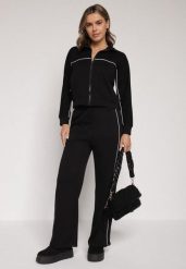 Czarny Retro Komplet Dresowy z Wiskozą Szerokie Spodnie i Bluza ze Stójką Sewelda. Czarne bluzy bez kaptura damskie Born2be, l, z dresówki. Za 169.99 zł.
