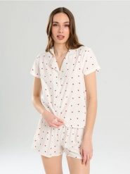 Piżama dwuczęściowa w serduszka - kremowy. Białe piżamy damskie Sinsay, l, bez wzorów, bez ramiączek. Za 49.99 zł.