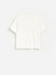 T-shirt z ozdobnym wykończeniem - biały. Białe t-shirty damskie Reserved, l, bez wzorów, z bawełny, bez kołnierzyka. Za 79.99 zł.