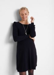 Sukienka ciążowa z miękkiej dzianiny. Czarne sukienki damskie bonprix, bez wzorów, z dzianiny, eleganckie, bez kołnierzyka, moda ciążowa, bez ramiączek. Za 134.99 zł.