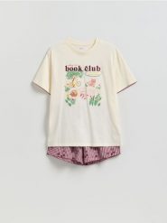 Dwuczęściowa piżama z nadrukiem - złamana biel. Piżamy damskie Reserved, l, bez wzorów, z bawełny, bez ramiączek. Za 109.99 zł.