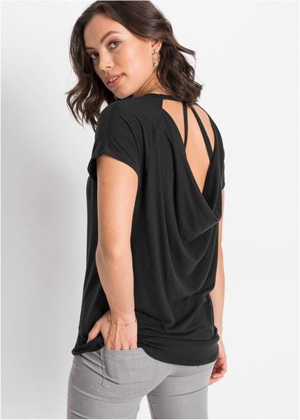 T-shirt z wiskozy pochodzącej ze zrównoważonych źródeł. Czarne t-shirty damskie bonprix, bez wzorów, z wiskozy, bez kołnierzyka. Za 79.99 zł.