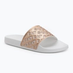Klapki EA7 Emporio Armani Water Sports All Over. Białe klapki damskie EA7 Emporio Armani, bez wzorów, z materiału, bez obcasa. Za 255.40 zł.