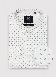 PAKO LORENTE – Biała koszula męska w drobny wzór o fasonie Slim Fit. Białe koszule męskie Pako Lorente, m, bez wzorów, z bawełny, bez kołnierzyka, bez ramiączek. Za 79.99 zł.