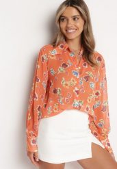 Pomarańczowa Koszula z Transparentnej Tkaniny w Kwiaty Brumelia. Brązowe koszule damskie Born2be, l, bez wzorów, z jeansu, eleganckie, bez kołnierzyka, bez ramiączek. Za 64.99 zł.