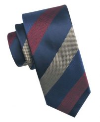Elegancki i Modny Męski Krawat - Angelo di Monti - Duże Pasy, Granat, Beż, Czerwień. Czerwone krawaty i muchy męskie Angelo di Monti, bez wzorów, z tkaniny, eleganckie. Za 45.00 zł.