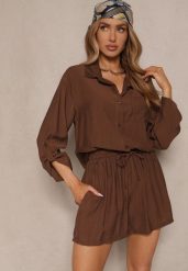 Brązowy Wiskozowy Komplet Koszula i Szorty Luźne Efrone. Brązowe koszule damskie Renee, bez wzorów, z wiskozy, eleganckie. Za 109.99 zł.