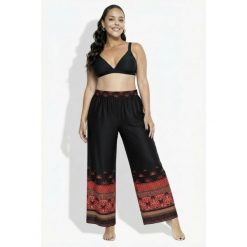 Damskie Spodnie palazzo obszycie szeroka nogawka elastyczny pas. Czarne spodnie dresowe damskie Ulla Popken, plus size, bez wzorów, z materiału. Za 239.99 zł.