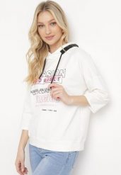 Biała Bluza z Rękawami 7/8 i Kapturem Ozdobiona Cyrkoniami Demeteria. Białe bluzy z kapturem damskie Born2be, xs. Za 39.99 zł.