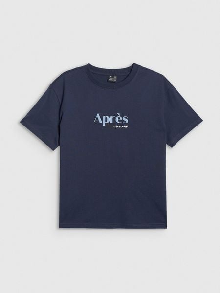 4F T-shirt boxy z nadrukiem damski - granatowy XS. Niebieskie t-shirty damskie 4f, xs, bez wzorów, z bawełny, bez kołnierzyka. Za 69.99 zł.