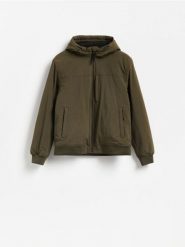 Kurtka bomber z kapturem - ciemnozielony. Zielone kurtki męskie Reserved, l, bez wzorów, z kapturem. Za 219.99 zł.