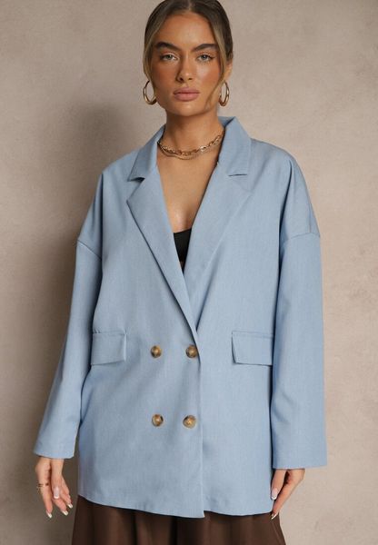 Niebieska Dwurzędowa Marynarka z Wiskozą o Pudełkowym Fasonie Stellirae. Niebieskie marynarki i żakiety damskie Renee, bez wzorów, z jeansu, biznesowe. Za 109.99 zł.