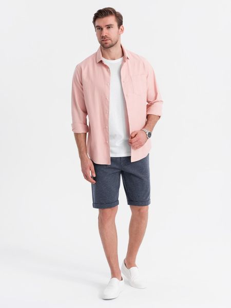 Męskie krótkie spodenki na gumce ze strukturalnej dzianiny – granatowe V1 - Rozmiar: XXL. Niebieskie szorty męskie Ombre Clothing, z bawełny, bez kołnierzyka. W wyprzedaży za 109.99 zł.