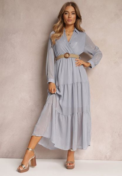 Jasnoniebieska Sukienka z Kopertowym Dekoltem i Plecionym Paskiem Velo. Niebieskie sukienki damskie Renee, l, bez wzorów, z tkaniny, bez kołnierzyka, bez ramiączek, maxi, kopertowe. Za 89.99 zł.