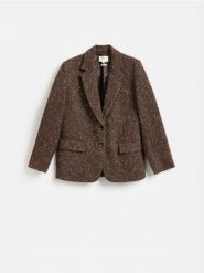 Marynarka z wełną - ciemnobrązowy. Brązowe marynarki i żakiety damskie Reserved, l, bez wzorów, z bawełny. Za 359.99 zł.