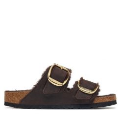 Klapki Birkenstock. Brązowe klapki damskie Birkenstock, bez wzorów, bez obcasa. Za 819.99 zł.