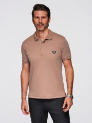 Koszulka męska polo z dekoltem na zamek - jasnobrązowa V3 - Rozmiar: XXL. Brązowe koszulki polo męskie Ombre Clothing, m, bez wzorów, z bawełny, bez ramiączek. W wyprzedaży za 69.99 zł.