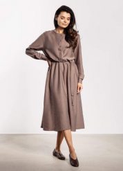 Elegancka sukienka rozkloszowana z długim rękawem taupe. Sukienki damskie Infinite You, xl, bez wzorów, eleganckie, bez kołnierzyka, bez ramiączek, rozkloszowane. Za 349.00 zł.