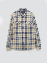 Koszula męska bawełniana w kratę beżowo-granatowa Kolisew 800. Brązowe koszule męskie Big Star, l, bez wzorów, z bawełny, bez kołnierzyka, bez ramiączek. Za 249.99 zł.