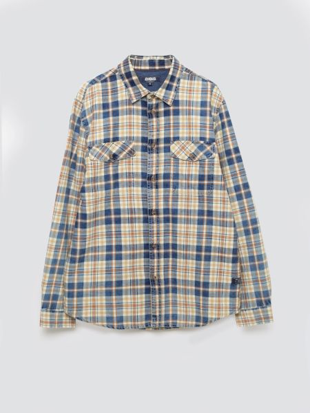 Koszula męska bawełniana w kratę beżowo-granatowa Kolisew 800. Brązowe koszule męskie Big Star, l, bez wzorów, z bawełny, bez kołnierzyka, bez ramiączek. Za 249.99 zł.