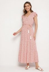 Różowa Sukienka Cadulenn. Czerwone sukienki damskie Born2be, l, z aplikacjami, z tkaniny, boho, bez kołnierzyka, bez ramiączek, maxi. W wyprzedaży za 79.99 zł.