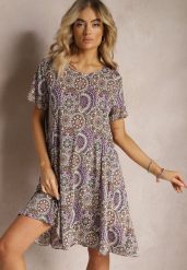 Fioletowo-Żółta Krótka Sukienka w Stylu Boho z Elastycznej Wiskozy z Krótkimi Rękawami Ailoni. Fioletowe sukienki damskie Renee, na lato, l, bez wzorów, z wiskozy, boho, bez kołnierzyka, bez ramiączek, mini. W wyprzedaży za 41.99 zł.