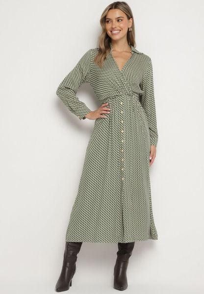 Zielona Wiskozowa Sukienka w Pepitkę z Kopertowym Dekoltem i Gumkami w Pasie Vaivira. Zielone sukienki damskie Born2be, na co dzień, l, z aplikacjami, z jeansu, eleganckie, bez kołnierzyka, bez ramiączek, maxi, kopertowe. Za 109.99 zł.