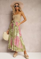 Zielono-Różowa Rozkloszowana Spódnica z Wiskozy z Nieodpinanymi Ozdobnymi Guzikami Zafina. Zielone spódniczki damskie Renee, l, bez wzorów, z wiskozy, eleganckie, midi, dopasowane. Za 49.99 zł.