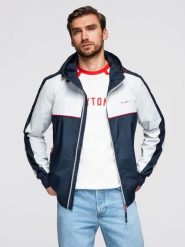 Męska kontrastowa kurtka wiatrówka z kapturem - granatowo-biała V1. Białe kurtki treningowe męskie Ombre Clothing, m, z aplikacjami, z gumy. Za 299.99 zł.