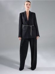 Spodnie wide leg z cyrkoniami - czarny. Czarne spodnie materiałowe damskie Sinsay, bez wzorów. W wyprzedaży za 39.99 zł.