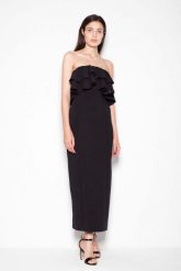 Czarna Sukienka Długa Elegancka z Falbankami. Czarne sukienki damskie Venaton, l, bez wzorów, z elastanu, eleganckie, bez kołnierzyka, bez ramiączek, maxi. Za 299.00 zł.