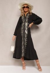 Czarna Midi Sukienka o Trapezowym Kroju z Ozdobnymi Haftami w Stylu Boho Tactila. Czarne sukienki damskie Renee, na jesień, m, bez wzorów, boho, bez kołnierzyka, bez ramiączek, midi, rozkloszowane. W wyprzedaży za 146.99 zł.