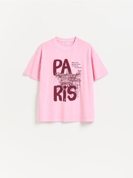 Bawełniany t-shirt z nadrukiem - różowy. Czerwone t-shirty damskie Reserved, l, bez wzorów, z bawełny, bez kołnierzyka. Za 59.99 zł.