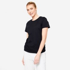 Second Life - Koszulka damska Domyos Gym & Pilates - Stan Doskonały. Czarne bluzki sportowe damskie DOMYOS, m, z bawełny, bez kołnierzyka, bez ramiączek. Za 16.99 zł.