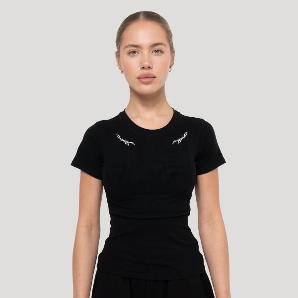 Koszulka damska fitness slim czarna Tribal Ribbed. Czarne bluzki sportowe damskie GYMBEAM, s, bez wzorów, z dzianiny, bez kołnierzyka. Za 105.90 zł.