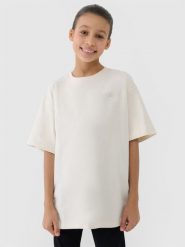 4F T-shirt oversize gładki dziewczęcy - beżowy 122 (6-7 lat). Brązowe koszulki dziewczęce 4f, bez wzorów, z bawełny, bez ramiączek. W wyprzedaży za 29.99 zł.