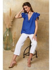 Joséfine Lniana koszulka "Quiriem" w kolorze niebieskim rozmiar: XXL. Niebieskie bluzki damskie Joséfine, xxl, bez wzorów, ze lnu, bez kołnierzyka, bez ramiączek. Za 108.99 zł.