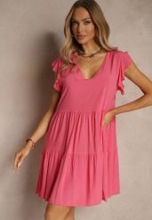 Różowa Bawełniana Sukienka Rozkloszowana z Falbankami Mirlio. Czerwone sukienki damskie Renee, na co dzień, l, bez wzorów, z bawełny, eleganckie, bez kołnierzyka, bez ramiączek, mini, kopertowe. Za 49.99 zł.