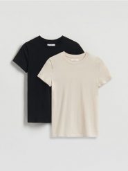 Bawełniany t-shirt 2 pack - beżowy. Brązowe t-shirty damskie Reserved, l, bez wzorów, z bawełny, bez kołnierzyka. Za 59.99 zł.