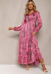 Fuksjowa Plisowana Sukienka Maxi Ozdobiona Wzorem w Tweedowym Stylu Juvioa. Czerwone sukienki damskie Renee, l, bez wzorów, z materiału, bez kołnierzyka, bez ramiączek, maxi. W wyprzedaży za 118.99 zł.