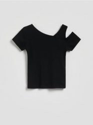 T-shirt z wycięciem na ramieniu - czarny. Czarne koszulki dziewczęce Reserved, bez wzorów, z bawełny, bez ramiączek. Za 29.99 zł.