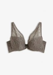 Biustonosz z usztywnianymi miseczkami z delikatnej koronki. Szare biustonosze bonprix, bez wzorów, z koronki. Za 74.99 zł.