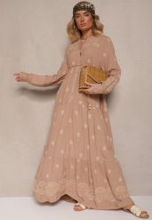 Jasnobeżowa Rozkloszowana Sukienka Ozdobiona Haftem i Wzorem Boho Ronavere. Brązowe sukienki damskie Renee, na co dzień, na lato, l, bez wzorów, boho, bez kołnierzyka, bez ramiączek, maxi, kopertowe. W wyprzedaży za 167.99 zł.
